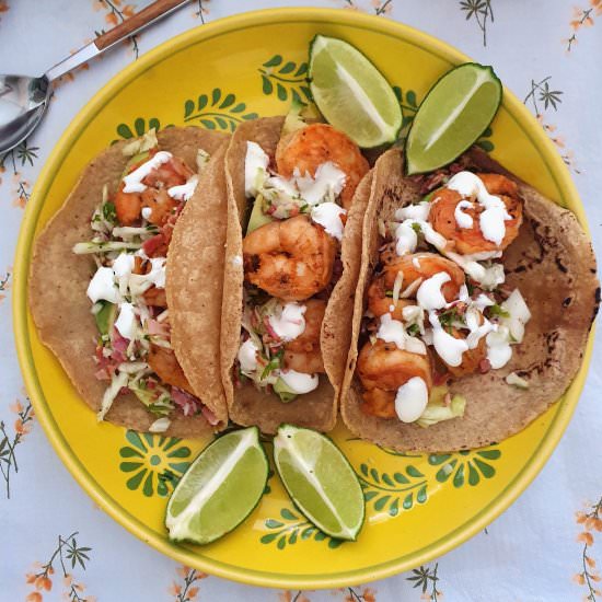 Shrimp tacos with cabbage salad