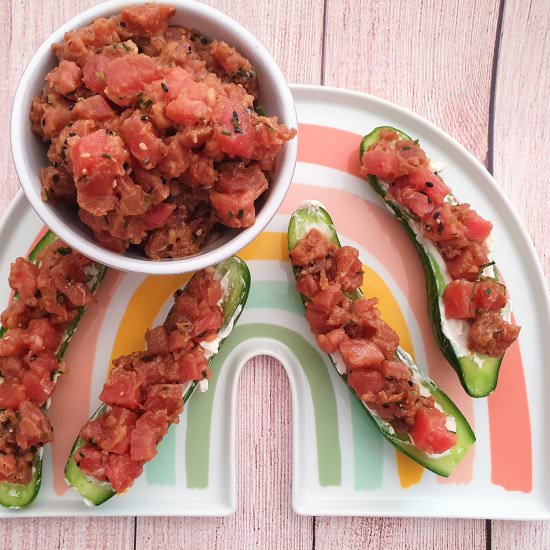 Cucumbers with marinated raw tuna