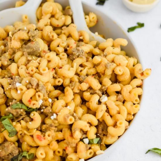 Spicy Sausage Hummus Pasta
