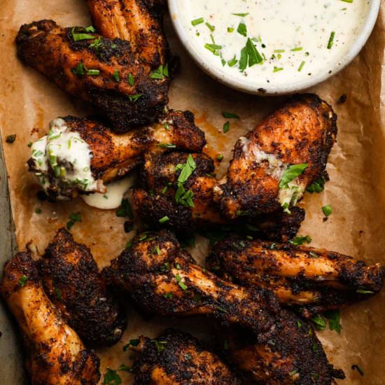 Sticky Coffee Wings with Chive Dip