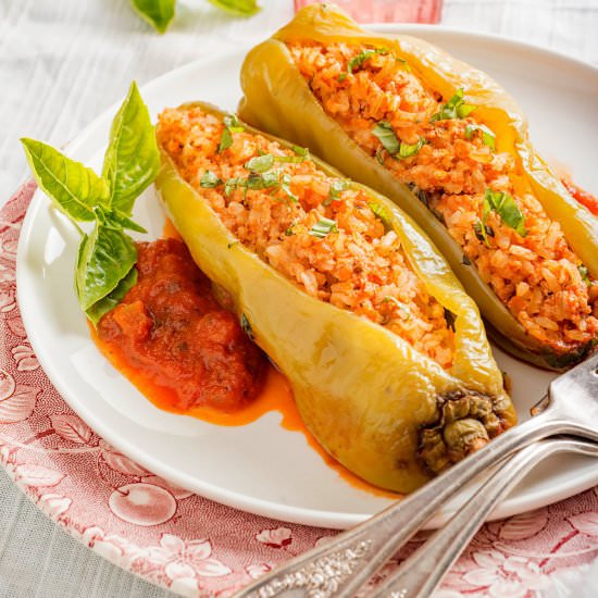 Rice and chicken stuffed peppers
