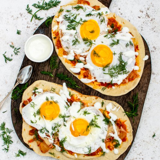 KIMCHI AND EGGS FLATBREADS