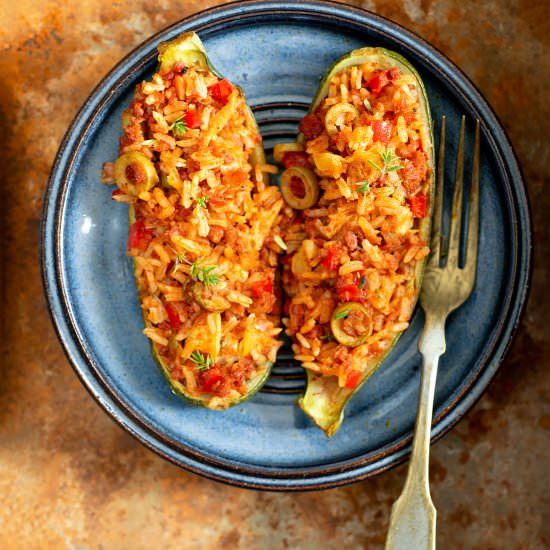 Chorizo and rice stuffed zucchini