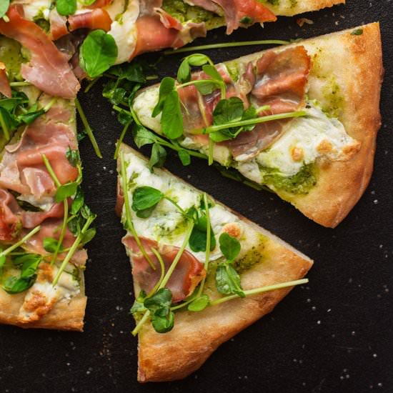 Prosciutto Pea Shoot Pizza