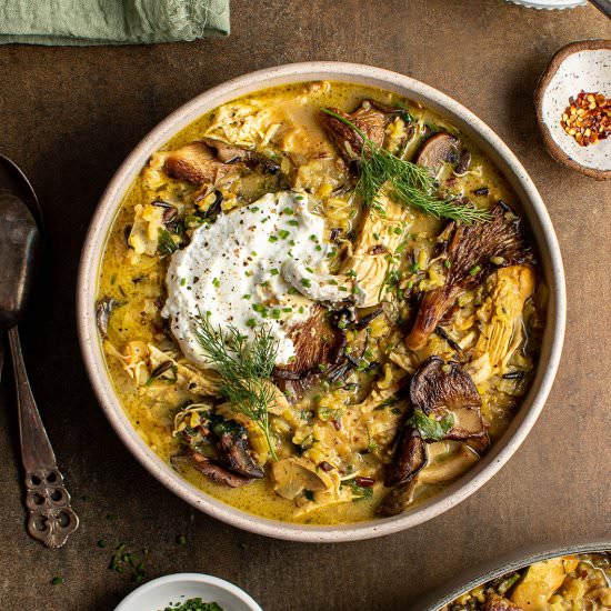 Mushroom rice chicken soup