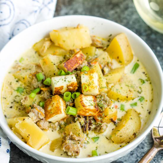Sausage Potato Soup with Halloumi