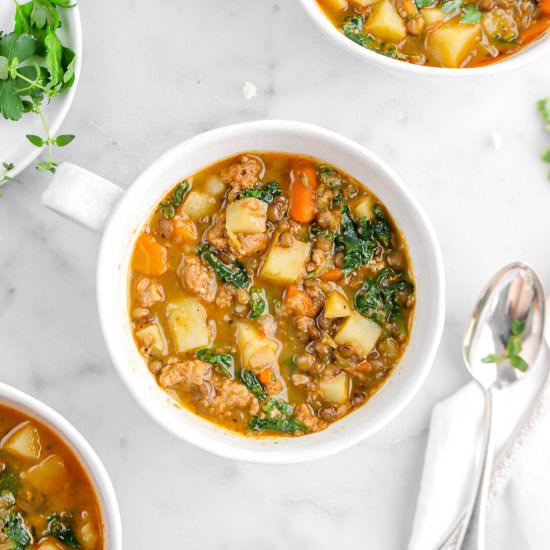 Vegan Sausage Lentil Kale Soup