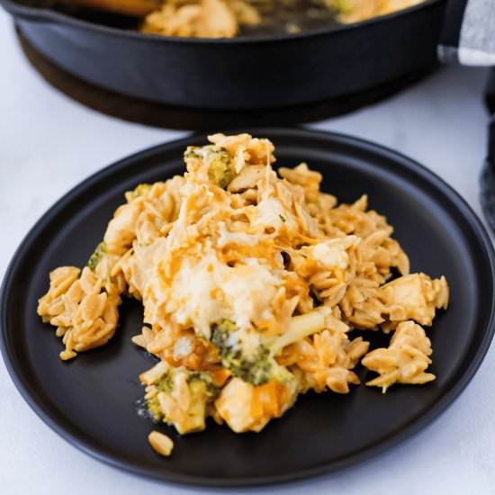 Chicken Broccoli Cheddar Orzo Bake
