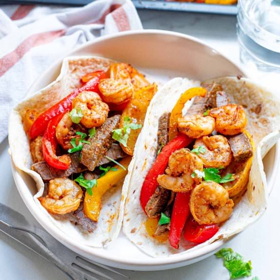 Sheet Pan Steak and Shrimp Fajitas