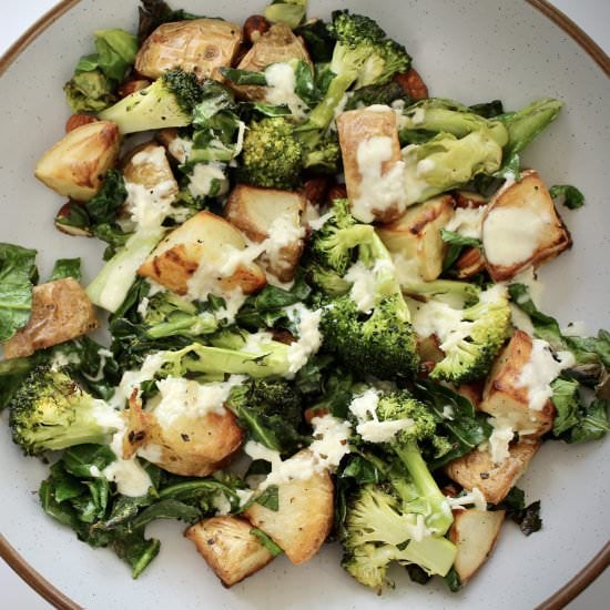 Roast broccoli potato Caesar salad