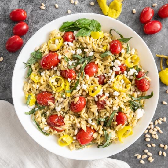 Orzo Pesto Salad with Popped Tomato