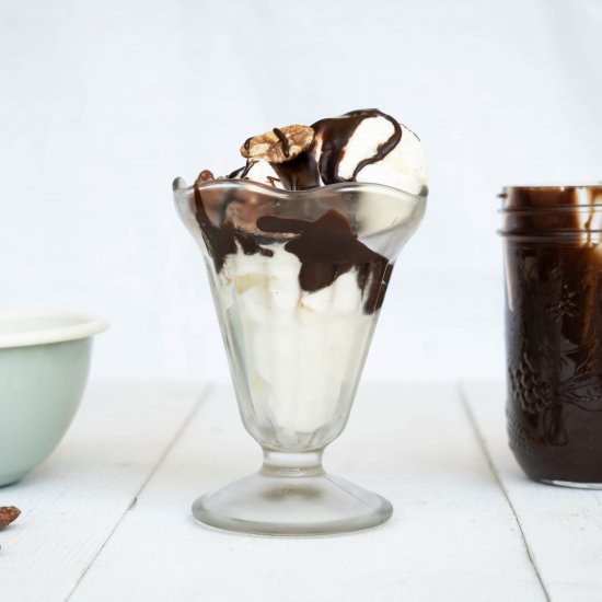salty pecan hot fudge sundaes