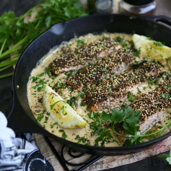 Za’atar Salmon with Spinach and Tah