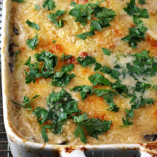 Potato, mushroom & miso gratin