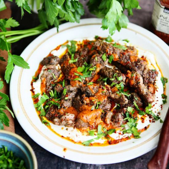 Marinated Steak with Labneh and Pul