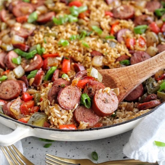One Pan Cheesy Rice and Sausage