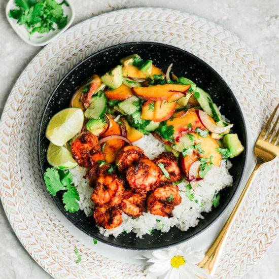 Shrimp Bowl with Rice & Peach Salad