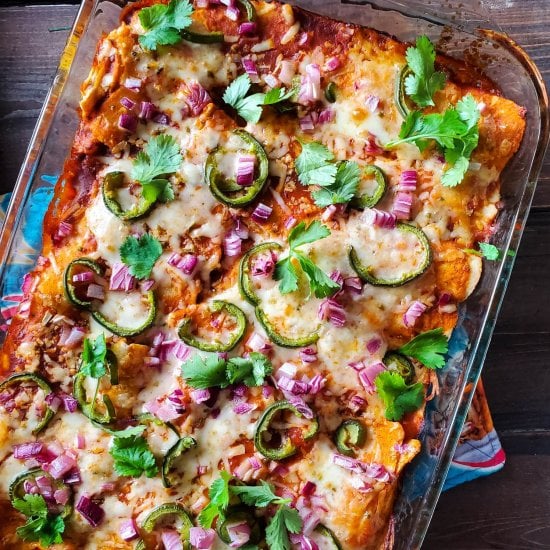 Refried Bean & Hominy Enchiladas