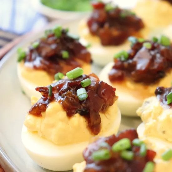 Pickle Deviled Eggs with Bacon Jam