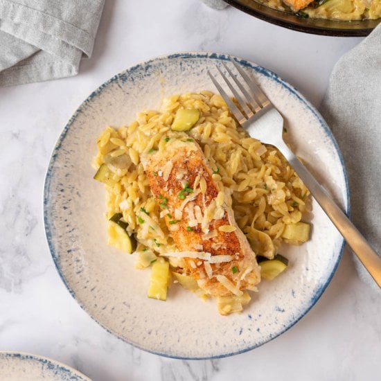 One Pan Salmon Orzo With Artichokes