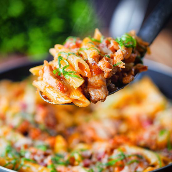 BBQ chicken and bacon pasta