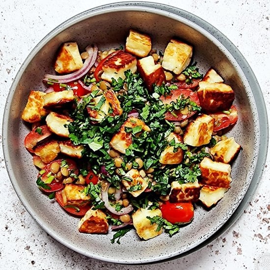 Warm Lentil Tomato & Halloumi Salad