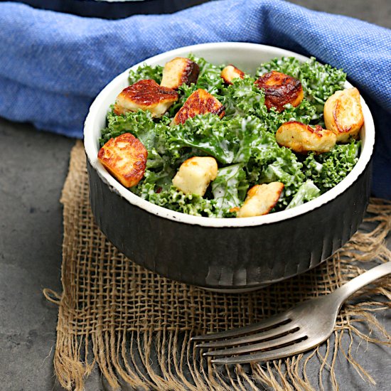Kale Caesar Salad with Halloumi