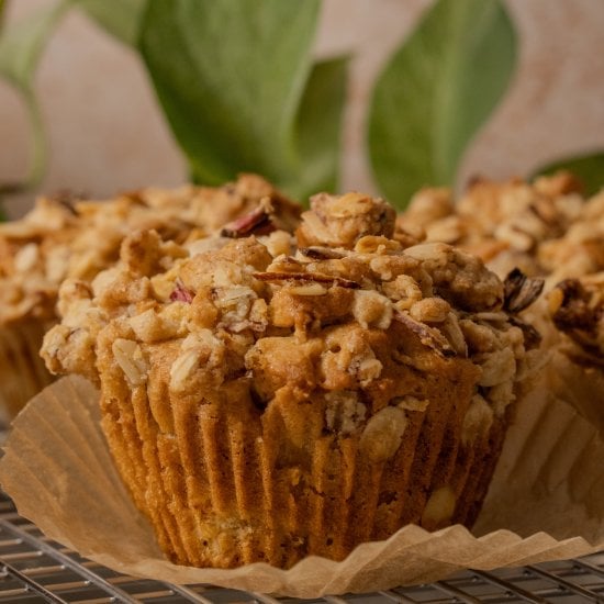 Bakery-Style Almond Rhubarb Sour Cream Muffins