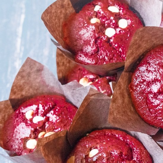 Gluten-Free White Chocolate Chip Red Velvet Muffins