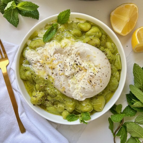 Green Pea Gnocchi with Burrata