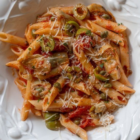 Penne Pasta with Tomatoes, Olives,