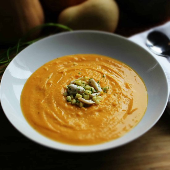Spicy Pumpkin Soup + Corn & Crab