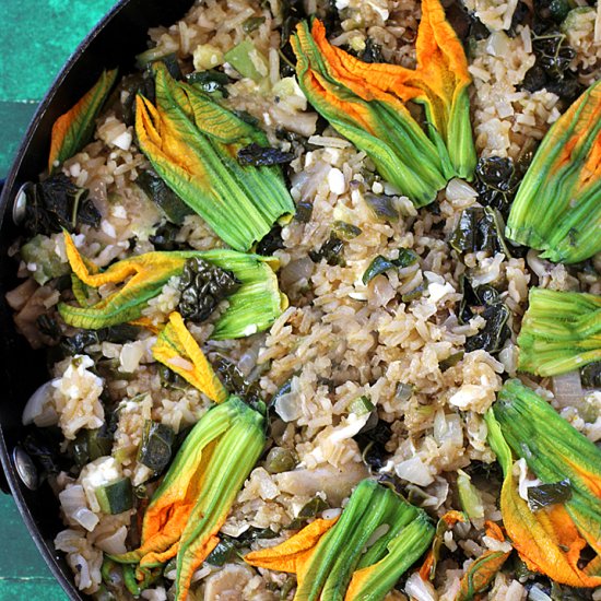 Squash Blossom-Maitake Rice Pilaf