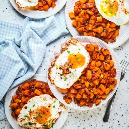 Sweet Potato Hash + Bacon and Eggs