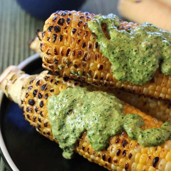 Corn with Tahini Chimichurri Sauce