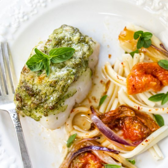 Pesto Roasted Hake-Heirloom Tomato