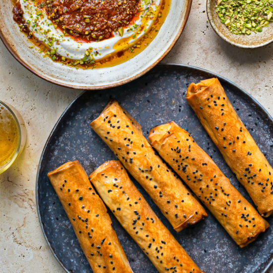 Beef Filo Cigars w/ Tahini Yoghurt