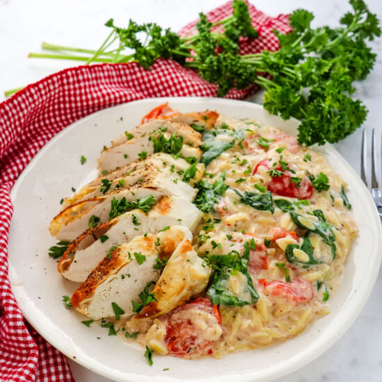 Boursin Orzo Bake with Spinach