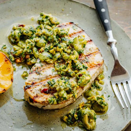 Swordfish + Olive Pistachio Salsa