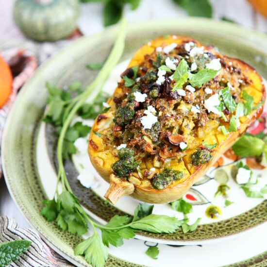 Pesto Rice Stuffed Butternut Squash