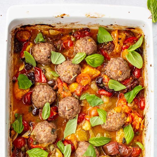 Meatballs + Fresh Puttanesca Sauce