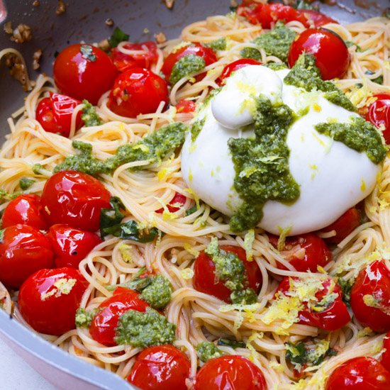 Burrata With Pasta, Tomatoes, Basil