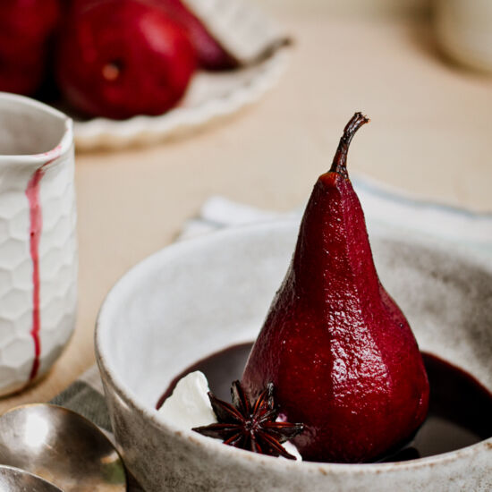 Poached Pears in Spicy Red Wine