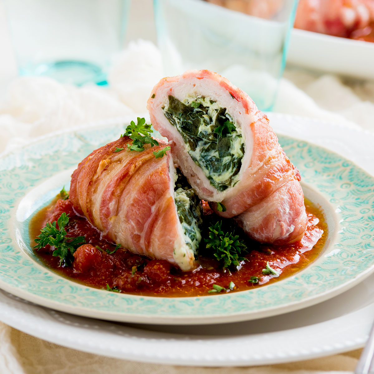 Spinach Stuffed Bacon Chicken Roll