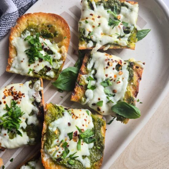 Cheesy Pecan Pesto Garlic Bread