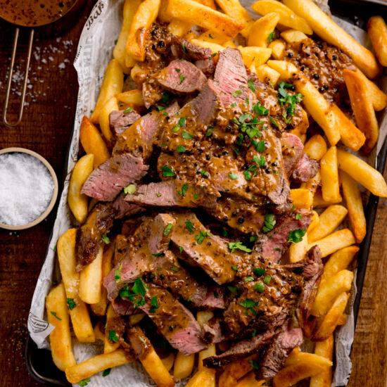 Steaky Chips with Peppercorn Sauce