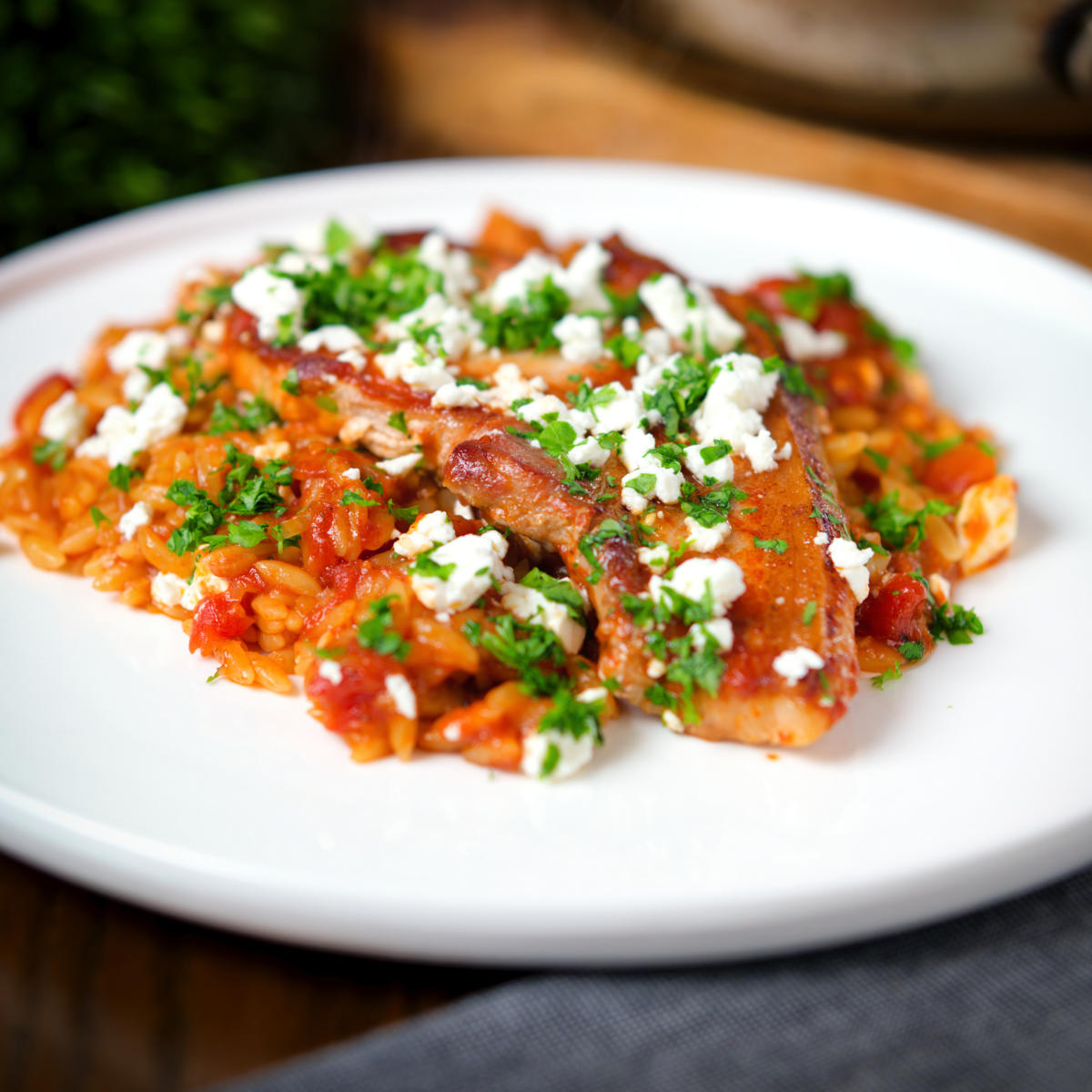 Baked Pork Chops with Tomato Orzo
