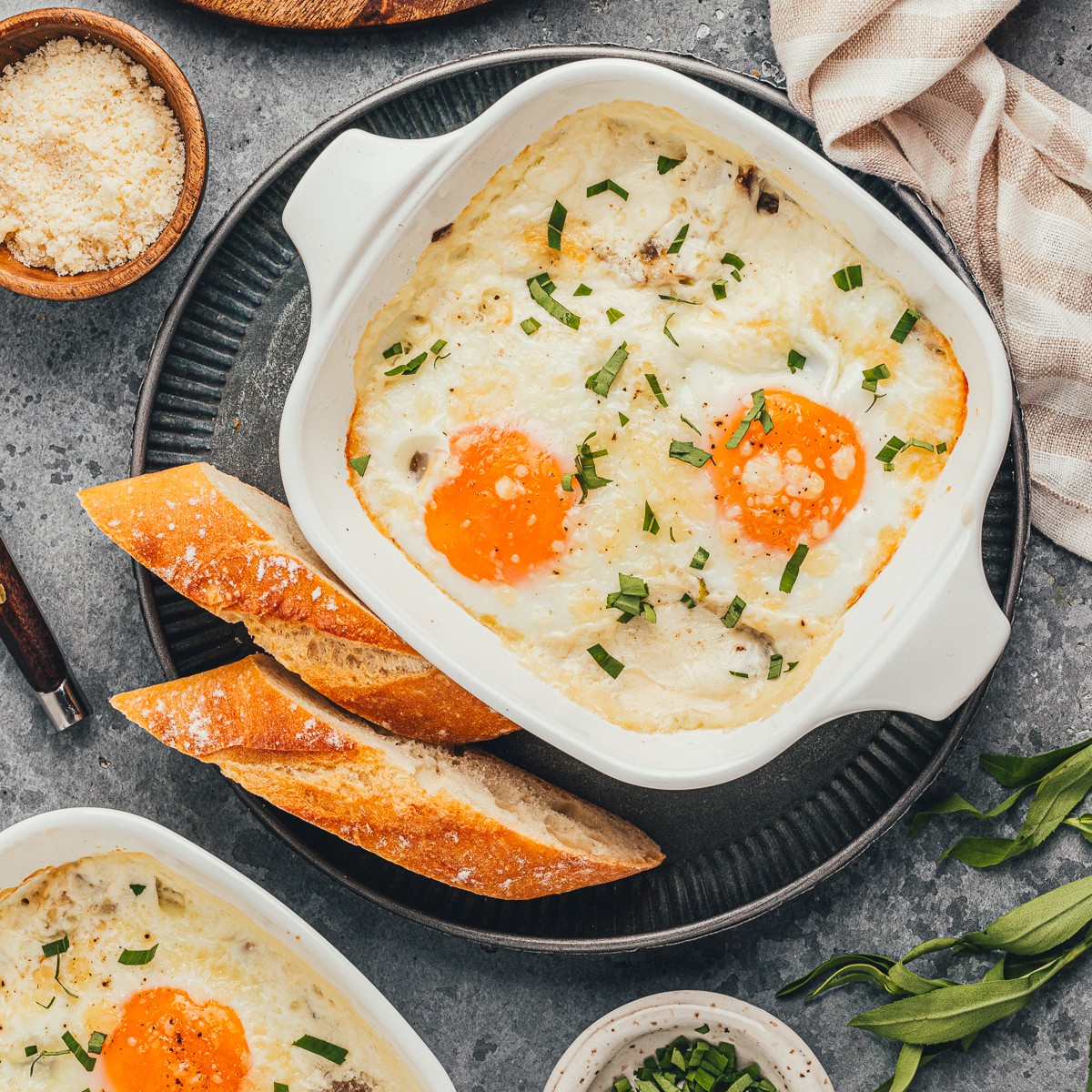 Shirred Eggs with Leeks & Mushrooms