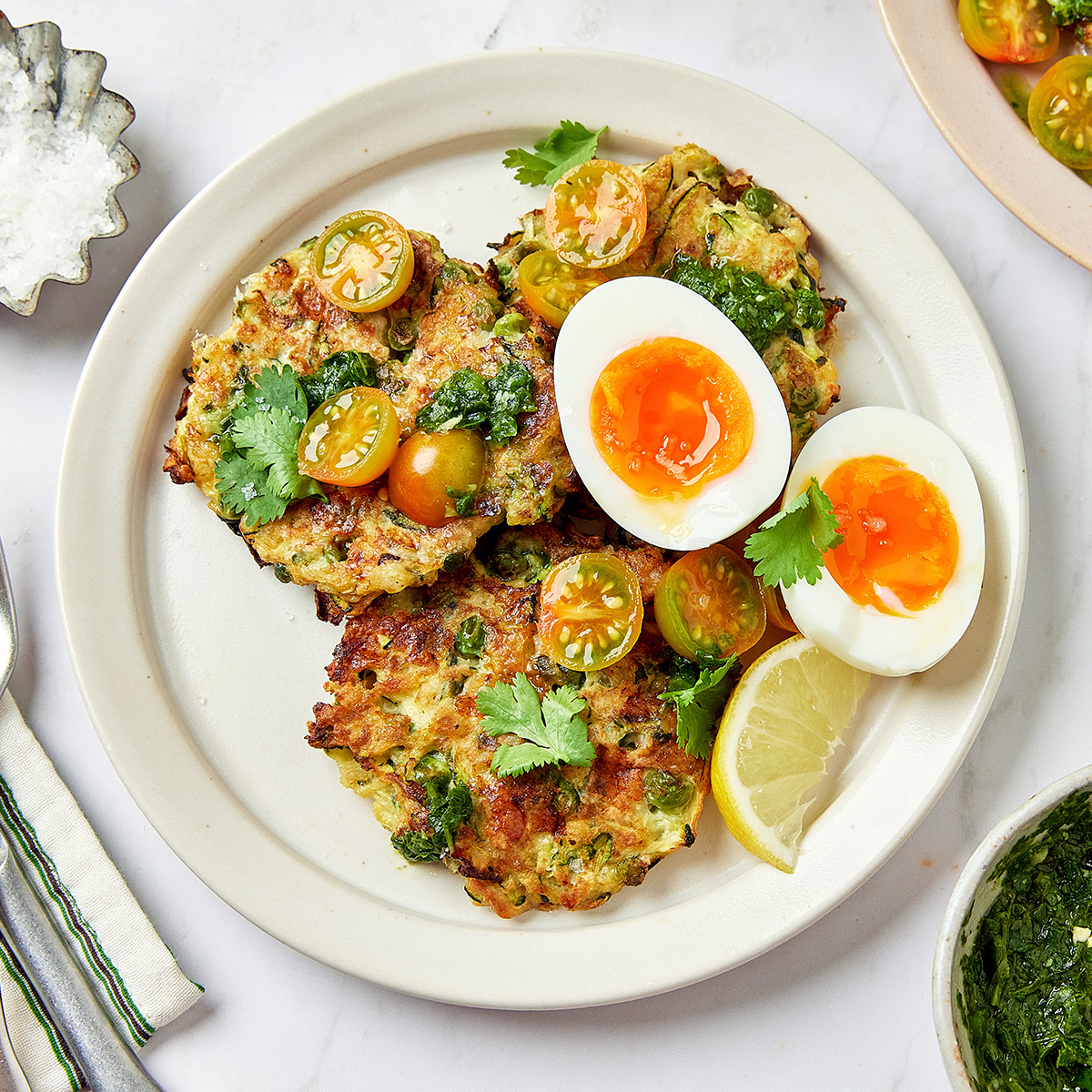 Zucchini Fritters with Zhoug & Eggs