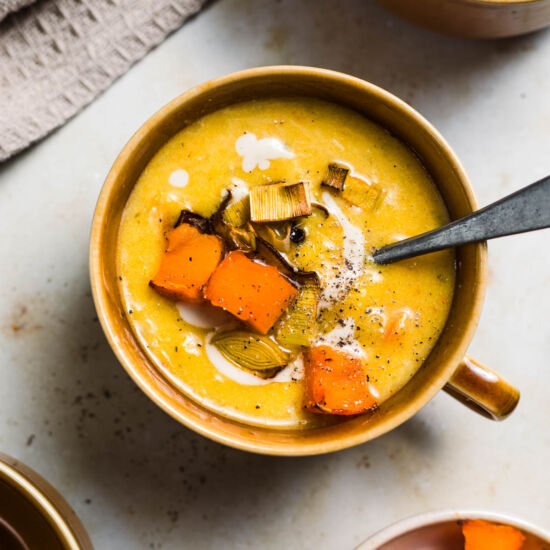 Vegan Potato Leek Soup with Pumpkin